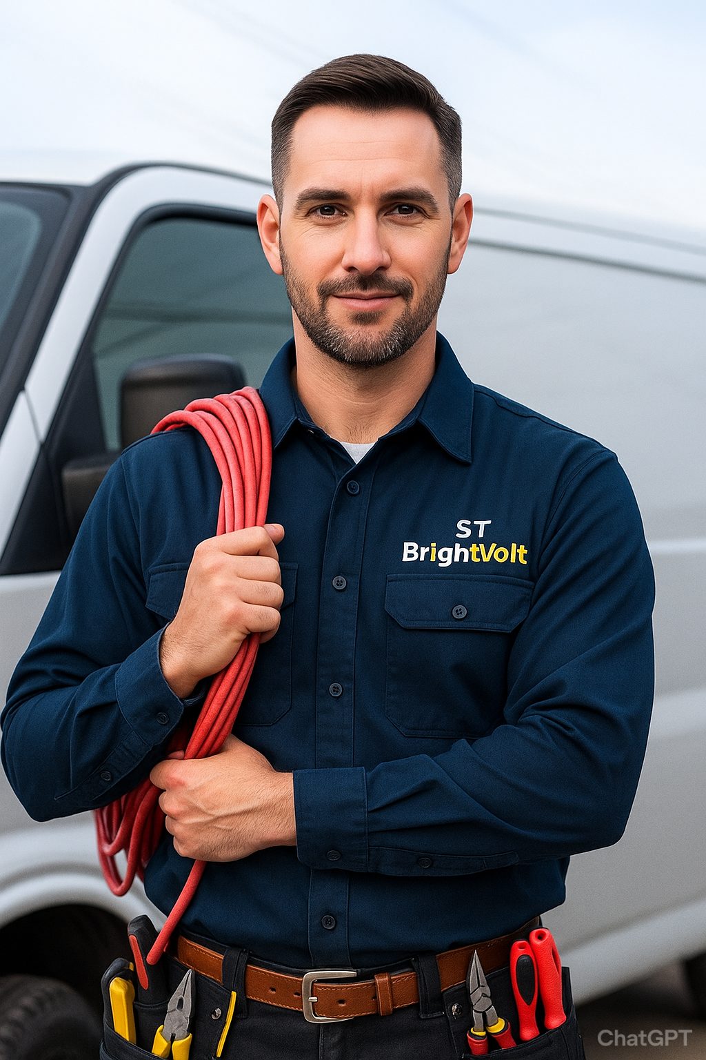 ST BrightVolt electrician holding cable, standing in front of a work van